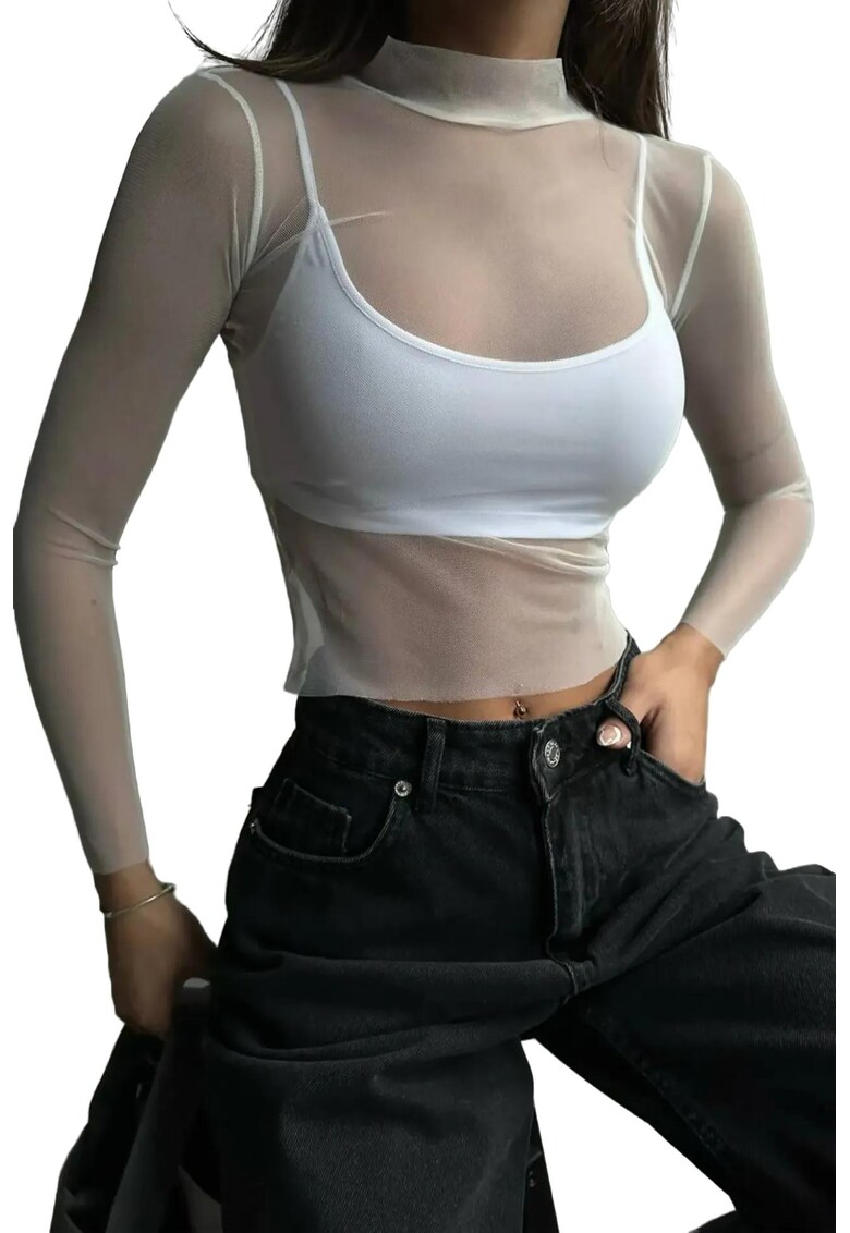 Bluza dama - din plasa cu guler inalt - alb - material delicat
