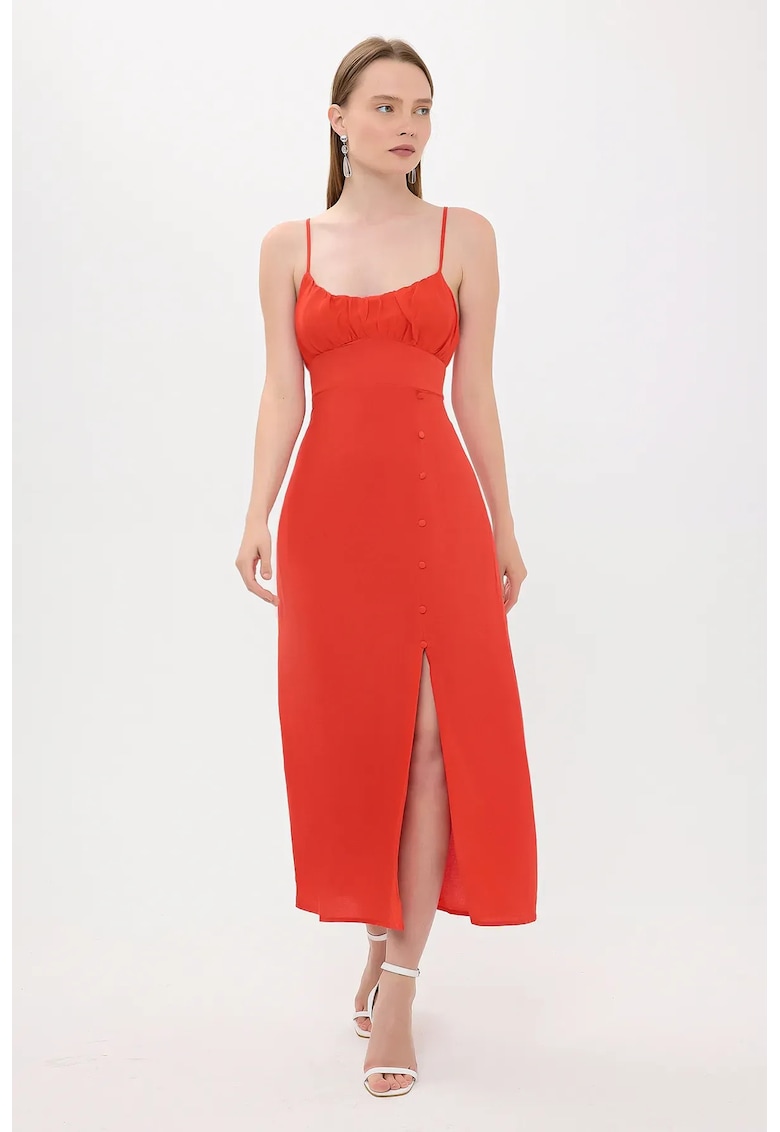 Rochie maxi - bretele spaghete - crapatura - rosu - material textil