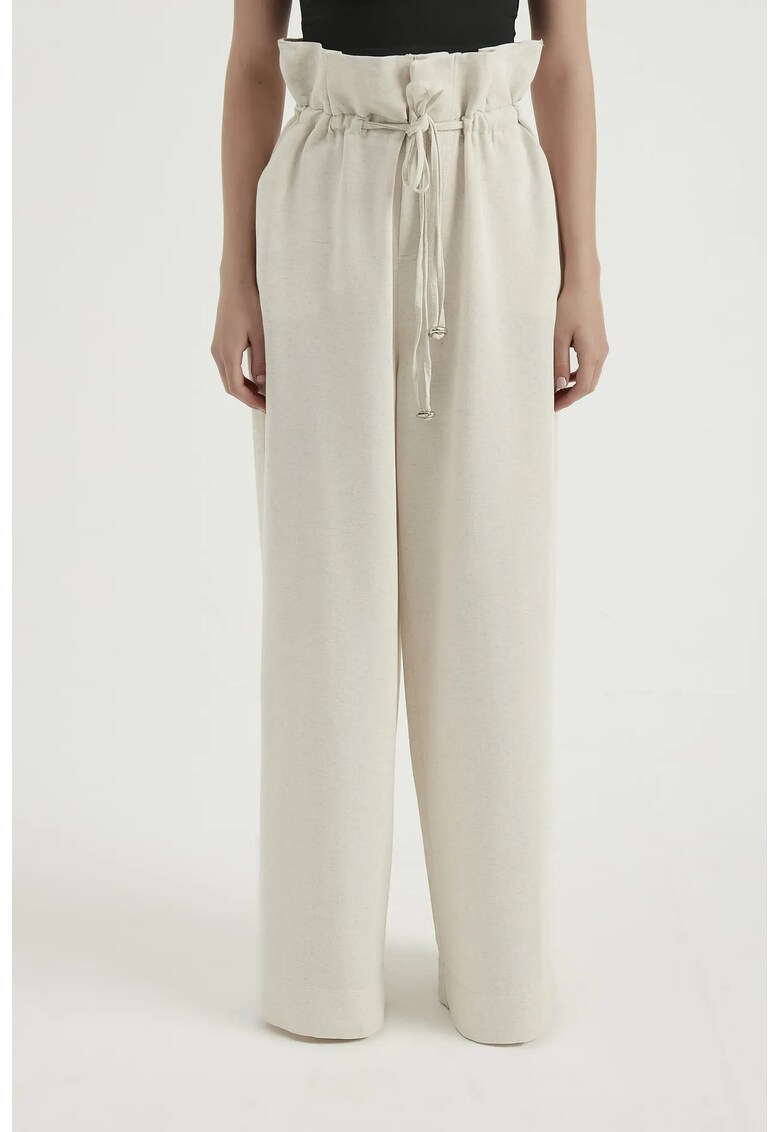Pantaloni dama - din in cu talie inalta si snur - alb