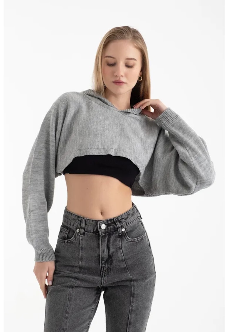 Pulover scurt cu gluga - gri - tricot