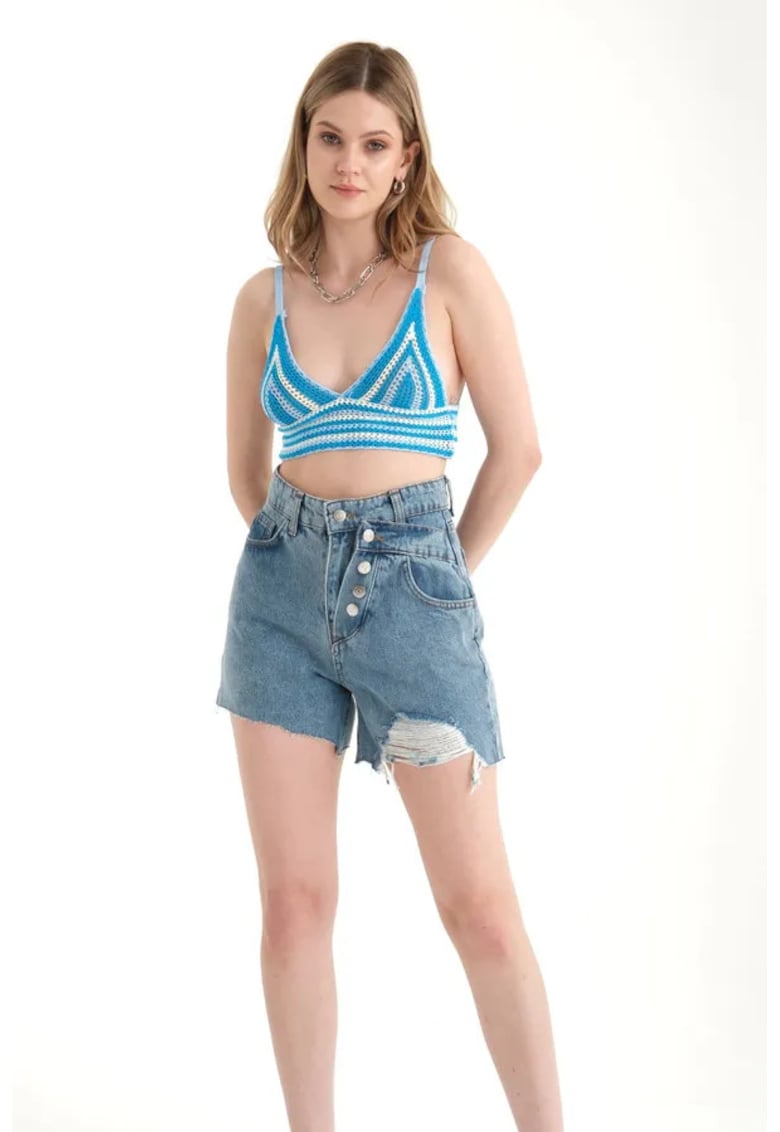 Topuri dama - top scurt crosetat cu dungi - decolteu in V - albastru - jerseu