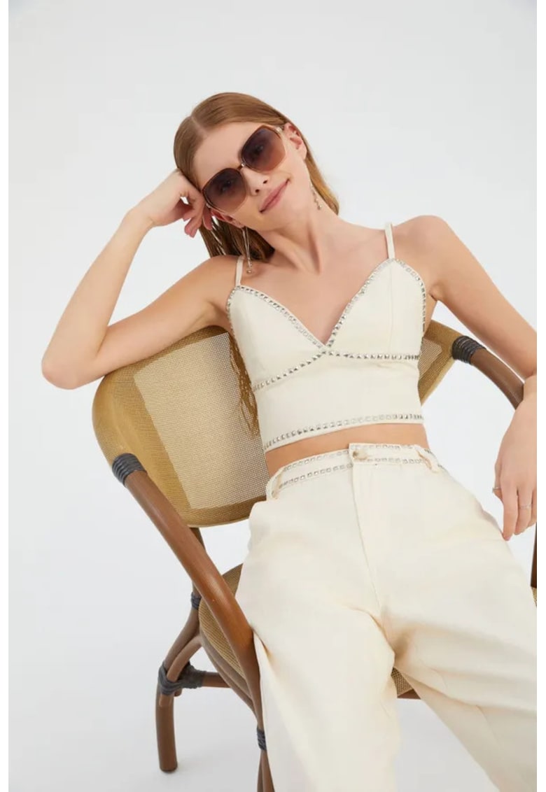 Top corset decolteu inima - pietre - alb - textil