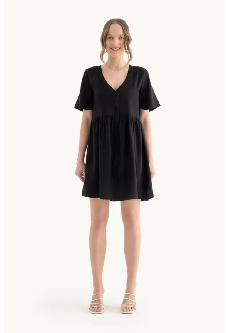 Rochie mini decolteu in V - maneci scurte - neagra - textil