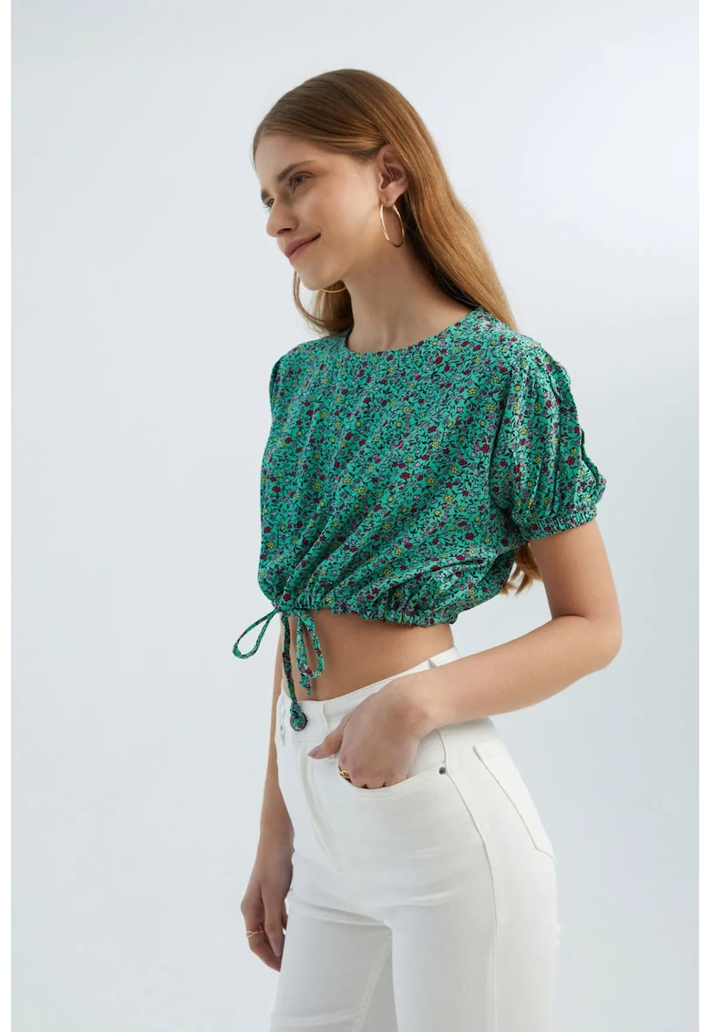 Top scurt decolteu rotund - imprimeu floral - verde - textil