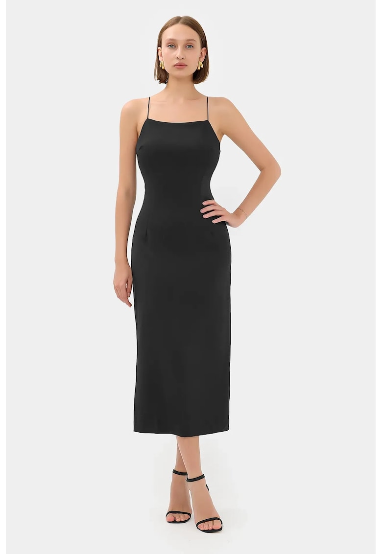 Rochie midi - bretele spaghete - crapatura - negru - poliester