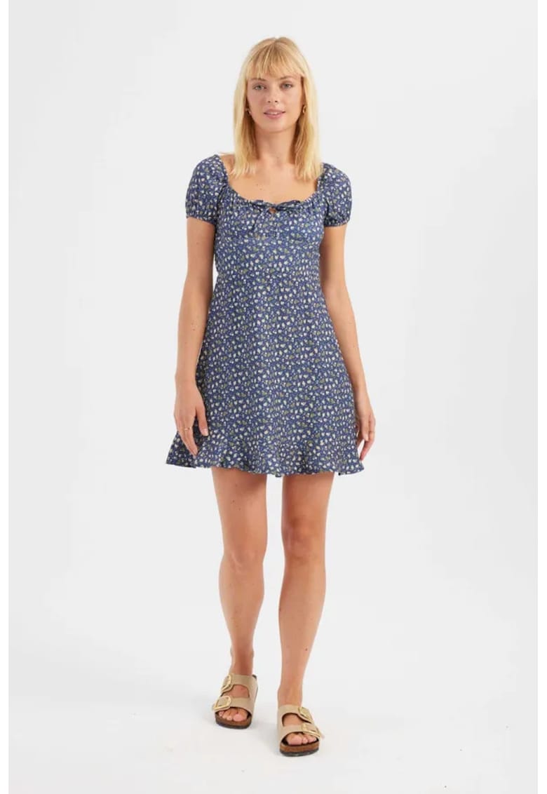 Rochie mini - floral - umeri goi - albastra - textil