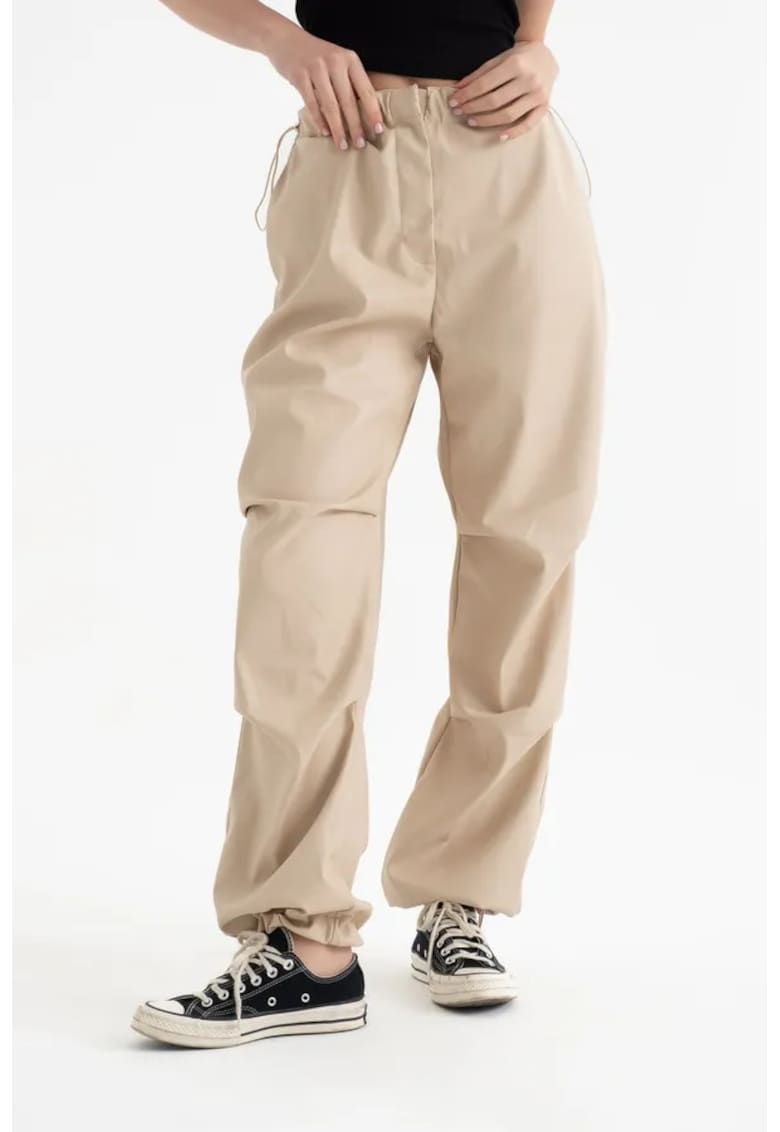 Pantaloni dama - cargo din piele ecologica - talie inalta - snur - natur