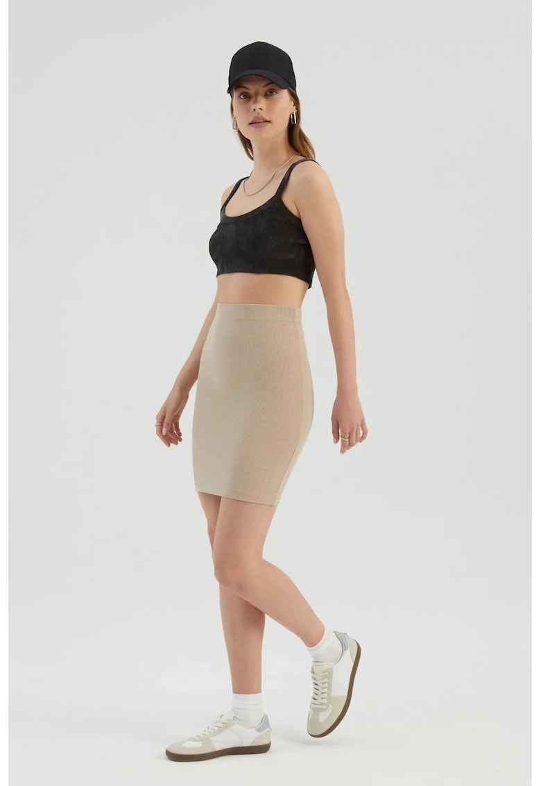 Fusta mini dama - textil - talie inalta - nervuri - bej