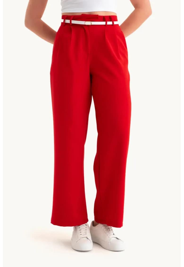 Pantaloni dama - talie inalta - croiala larga - rosu - textil