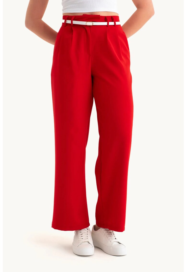 Pantaloni dama - talie inalta - croiala larga - rosu - textil