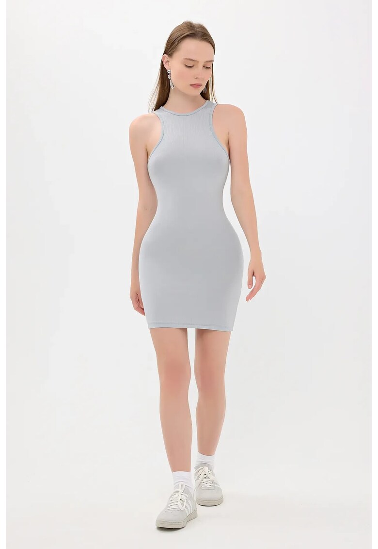 Rochie mini bodycon - decolteu halter - fara maneci - gri - textil