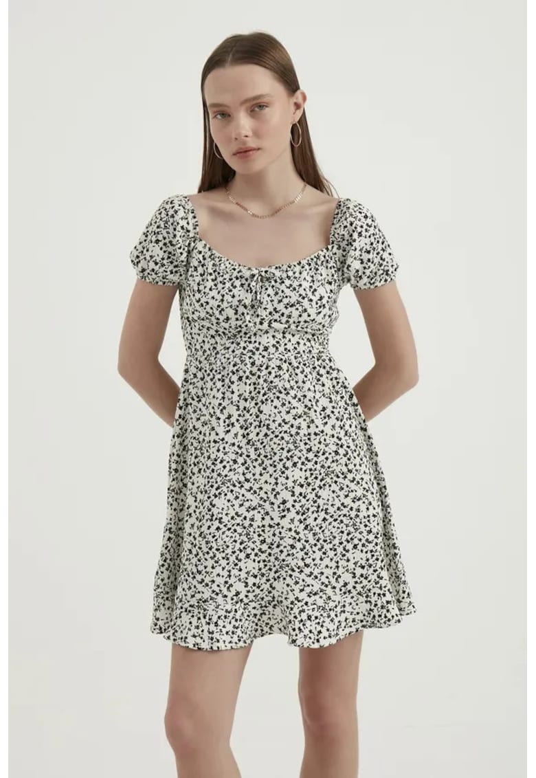 Rochie mini - decolteu rotund - maneci balon - neagra - jerseu