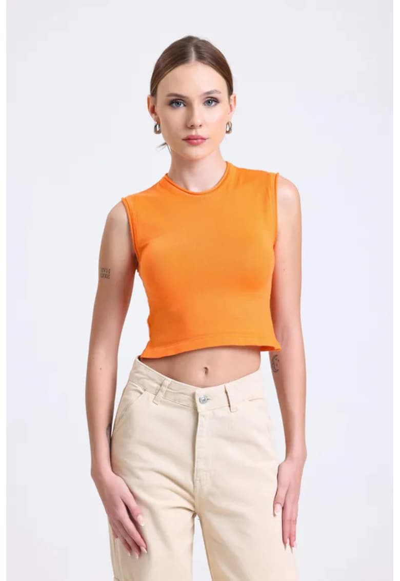 Top scurt tricotat cu detaliu la gat - portocaliu - jerseu -