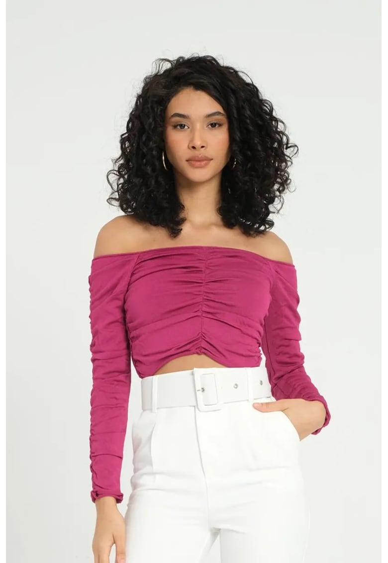 Top - scurt cu maneca lunga - umeri goi - roz - jerseu -