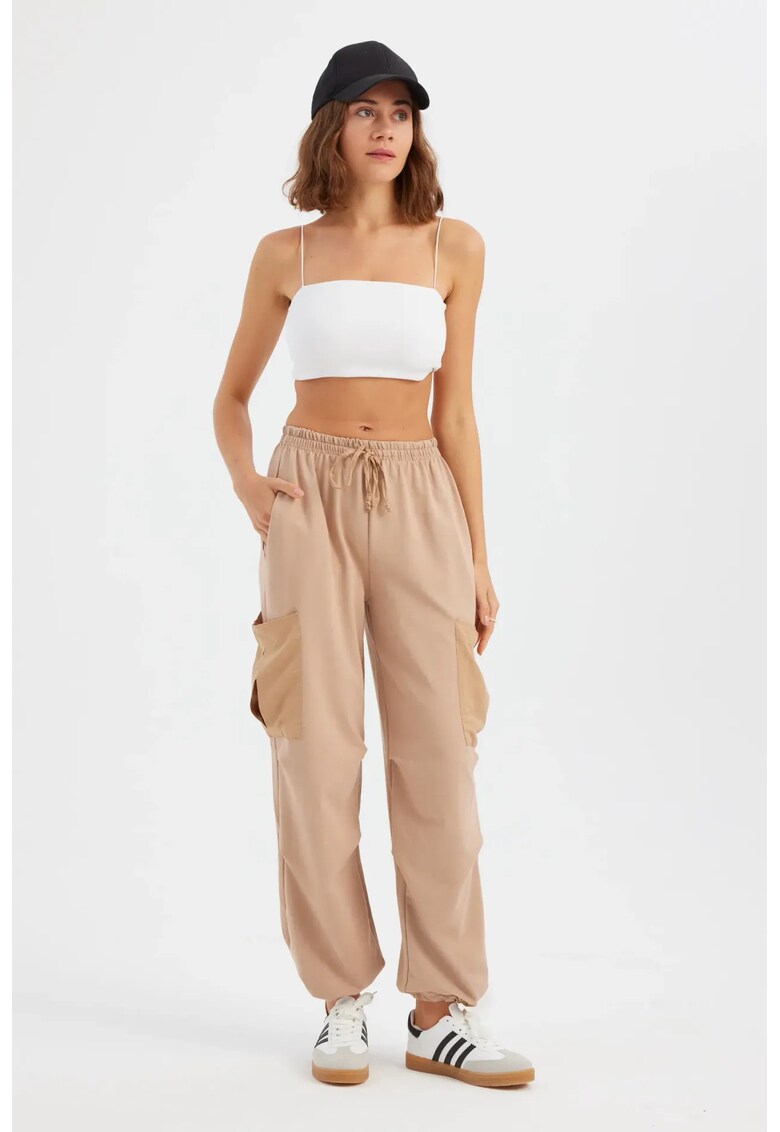 Pantaloni dama - jogger tesuti - talie inalta - snur de strangere - natur - poliester-elastan