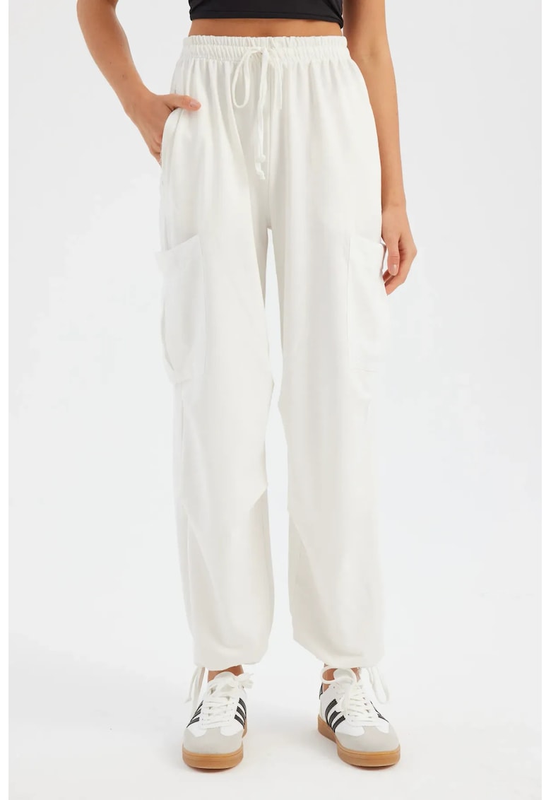 Pantaloni dama - jogger tesuti - talie inalta - alb - textil