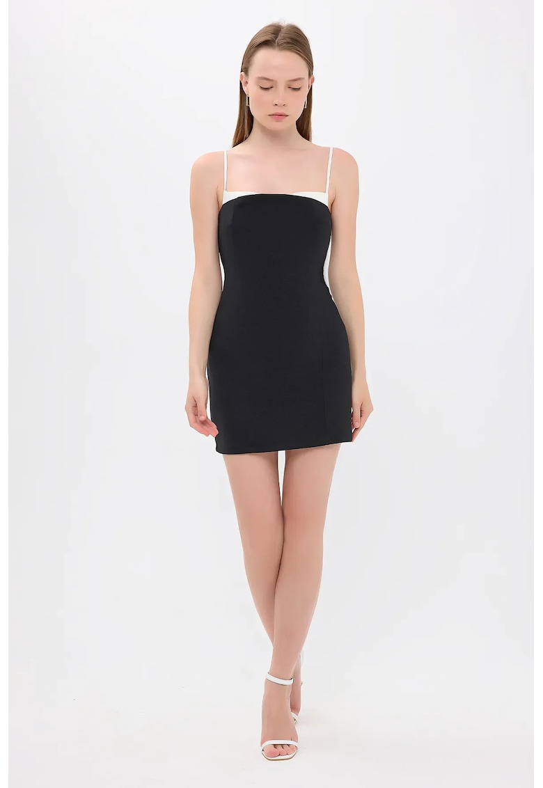 Rochie mini - bretele fine - detalii elegante - negru - textil