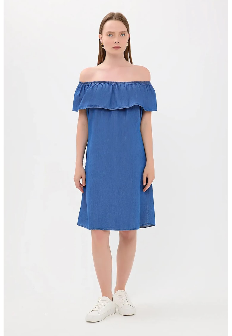 Rochie midi - denim - volane - albastra