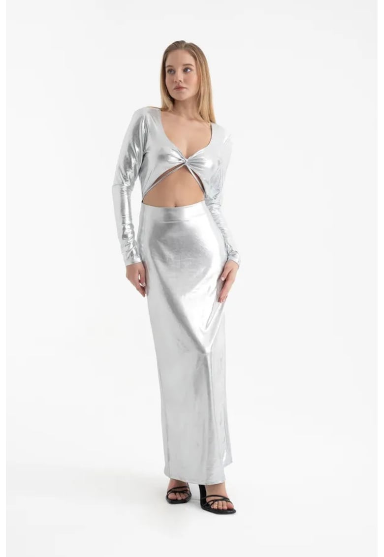 Rochie maxi - decolteu in V metalic - maneca lunga - gri - textil