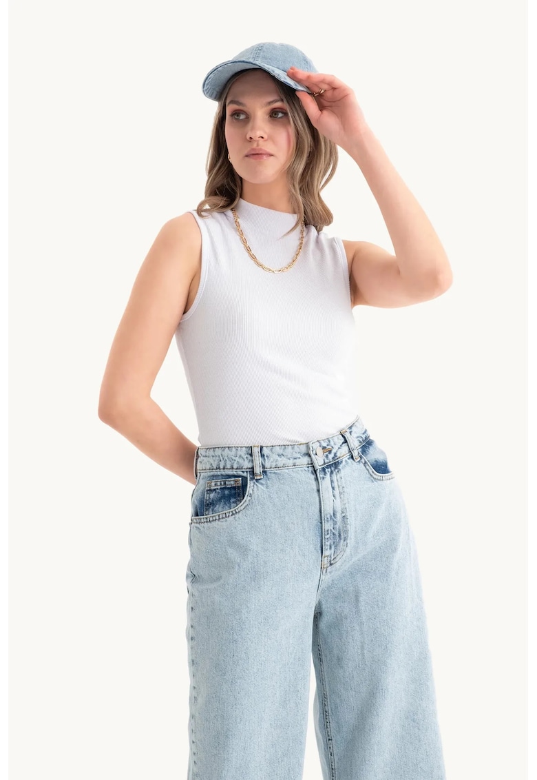 Top bodycon - guler inalt - nervuri - alb - textil