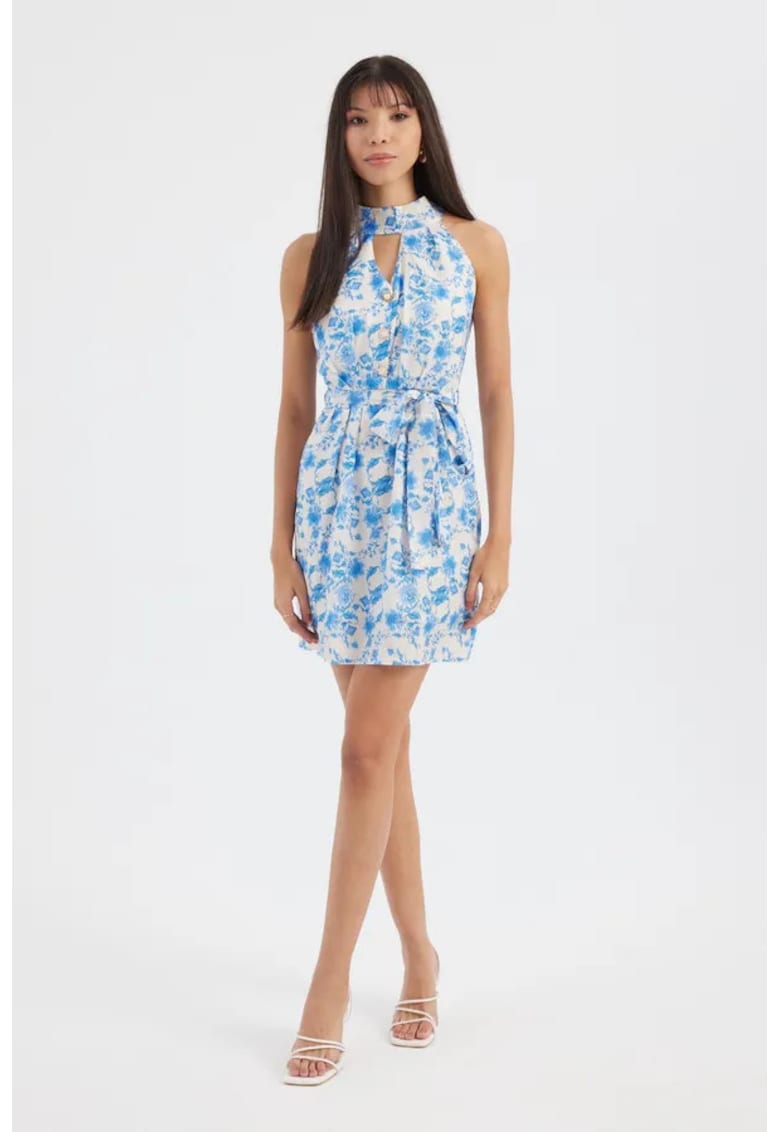 Rochie mini - imprimeu floral - decupata - albastra - textil