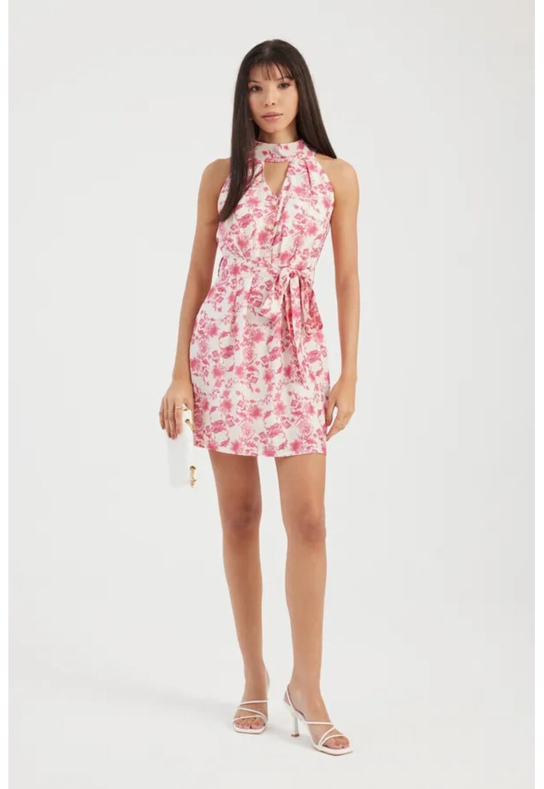 Rochie mini - imprimeu floral - decupata - roz - textil