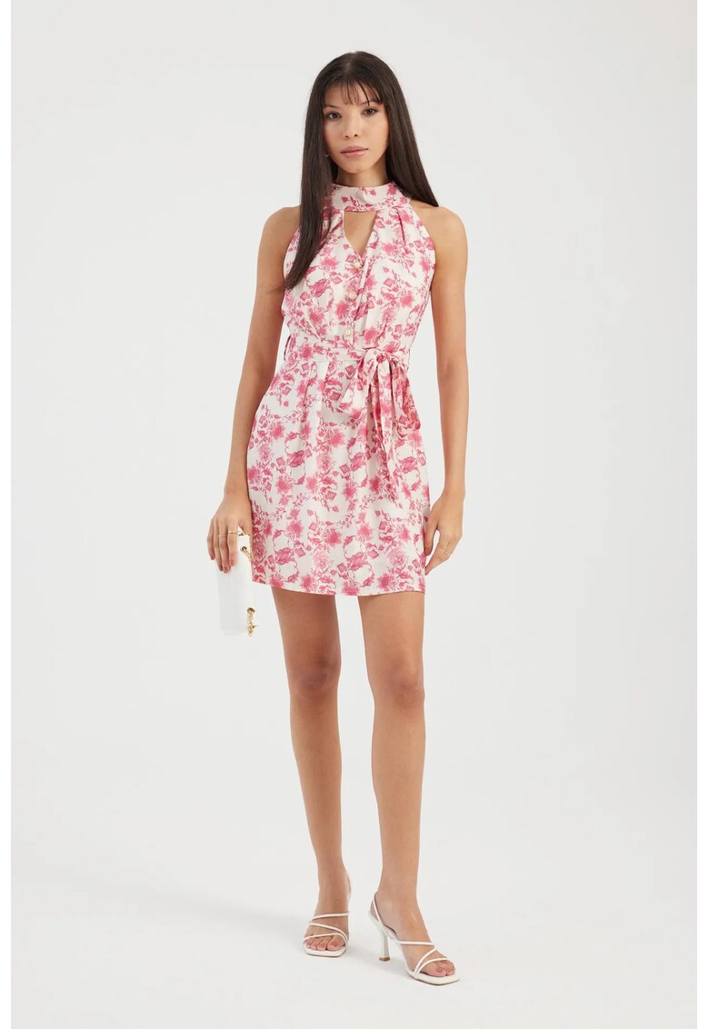 Rochie mini - imprimeu floral - decupata - roz - textil