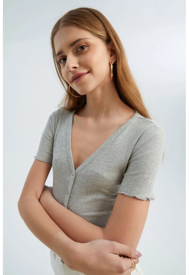 Tricou dama - texturat - decolteu in V - maneca scurta - gri - jerseu