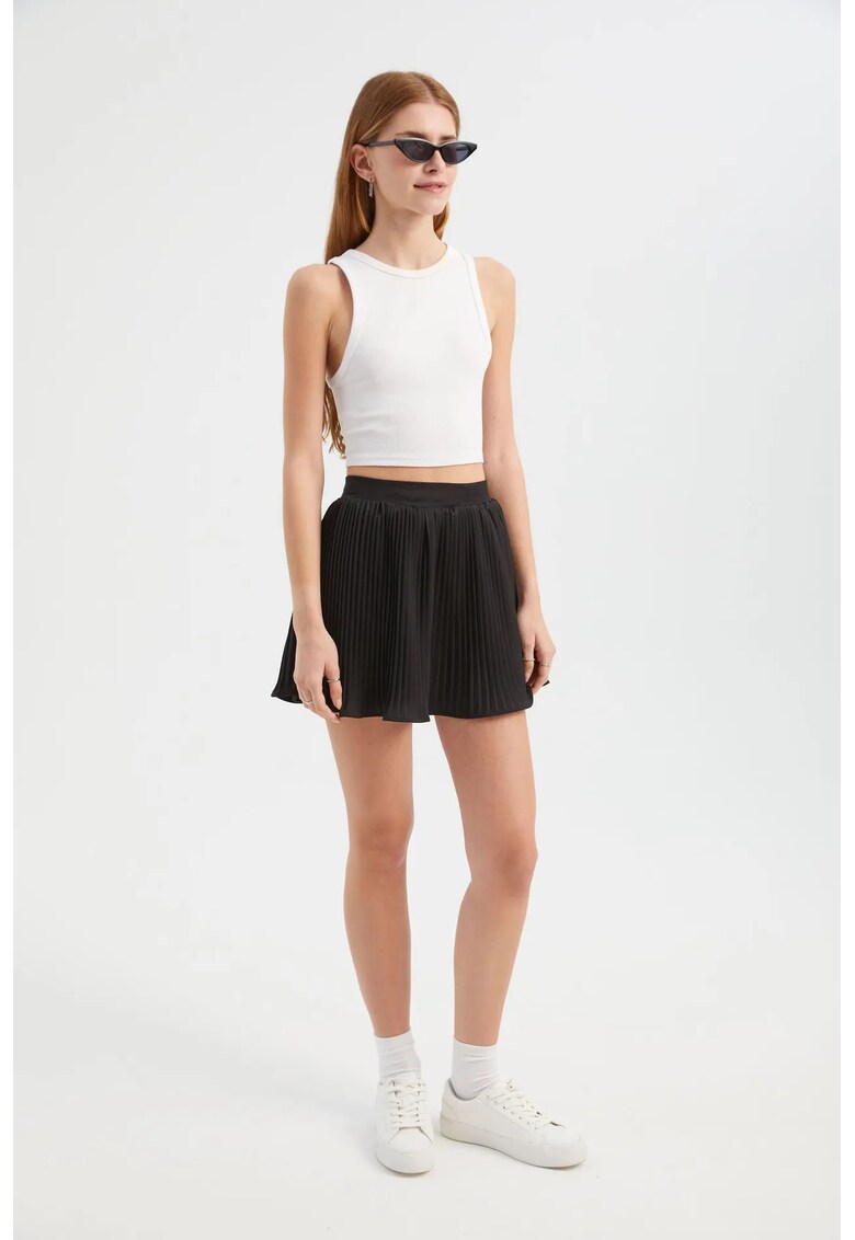 Fusta mini plisata dama textil - talie inalta - negru