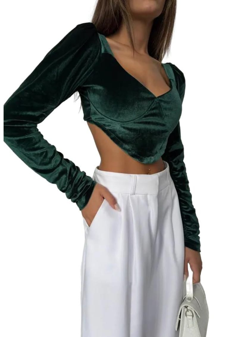 Bluza scurta - catifea - maneci bufante - verde