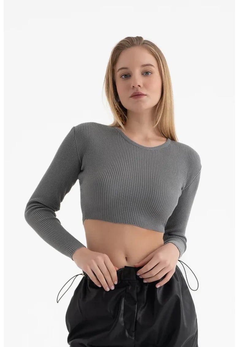 Top tricotat - top scurt cu maneca lunga - guler rotund - nervuri - gri - jerseu