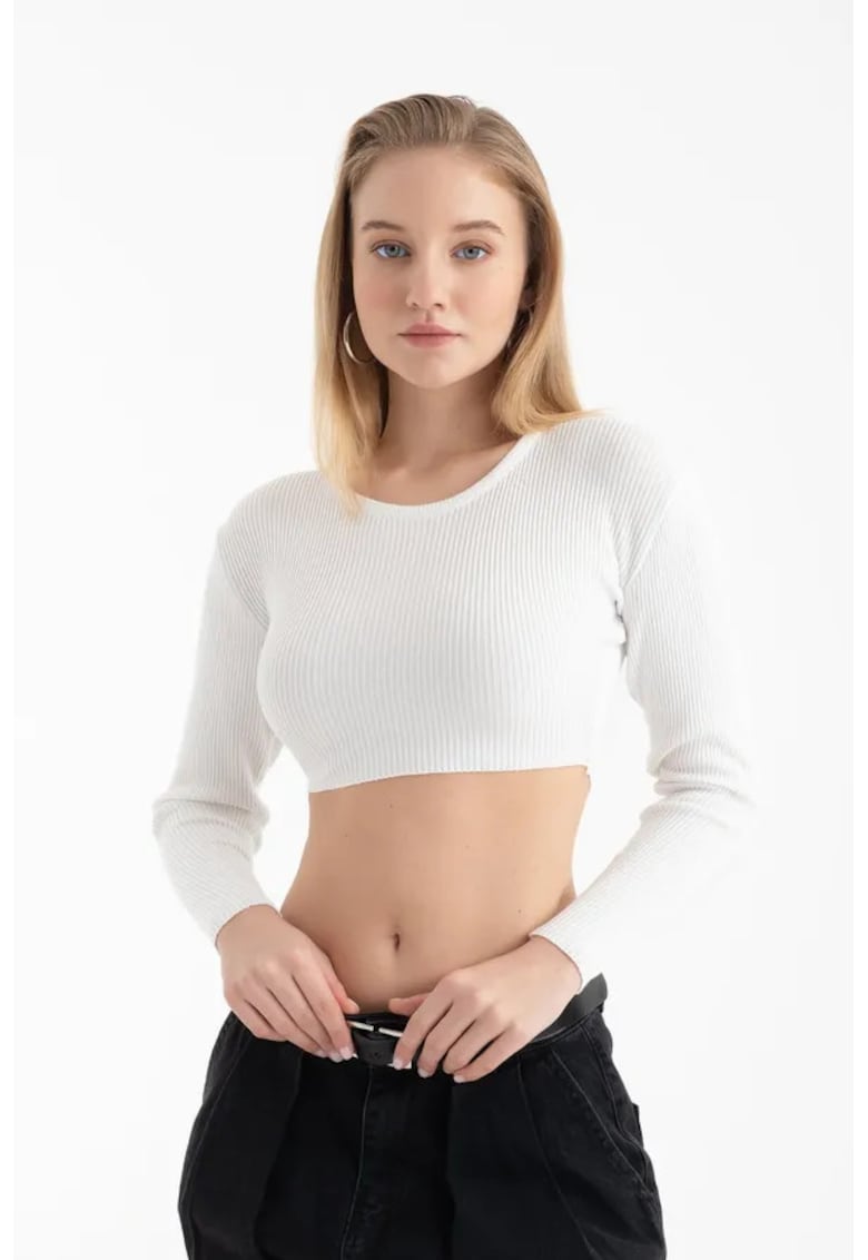 Top tricotat - scurt - maneca lunga - alb - jerseu