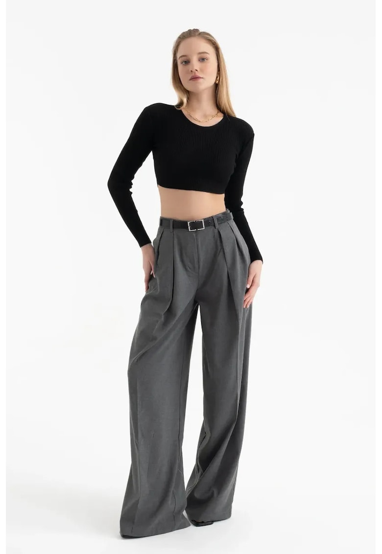 Top tricotat - top scurt cu maneca lunga - guler rotund - negru - jerseu