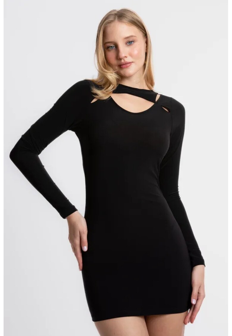 Rochie mini - cu guler rotund - decupata - neagra - jerseu