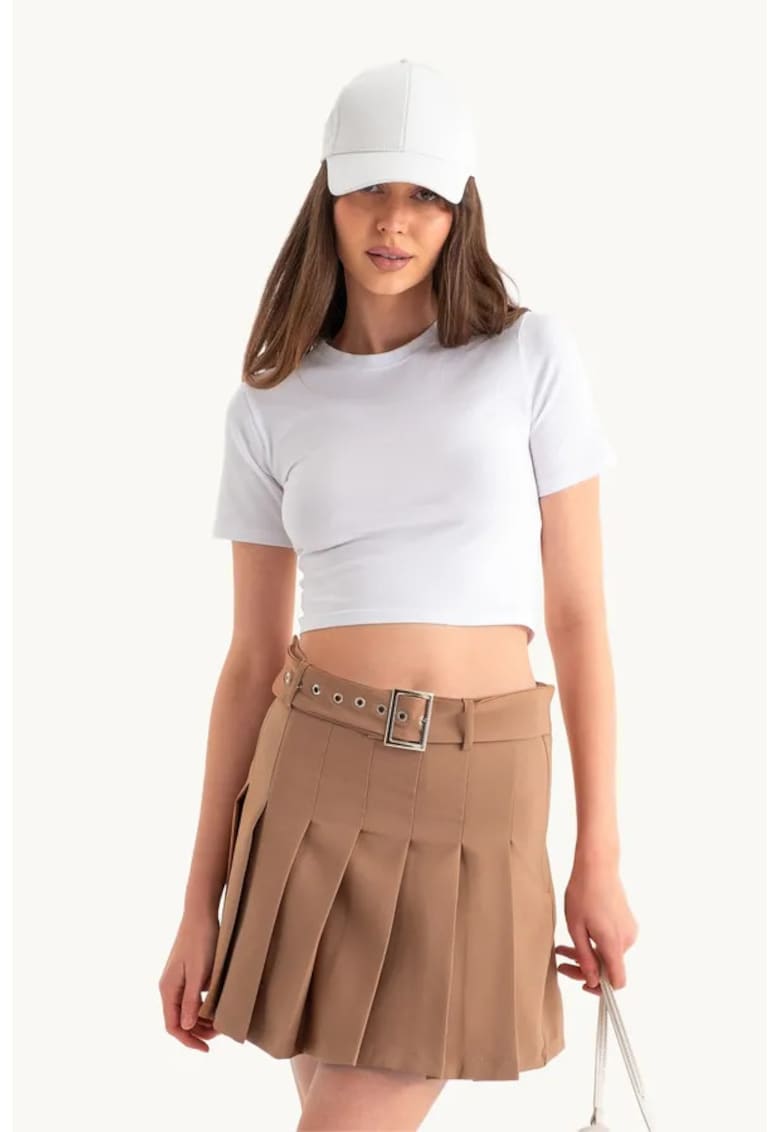 Tricou dama - crop basic - guler rotund - alb - jerseu