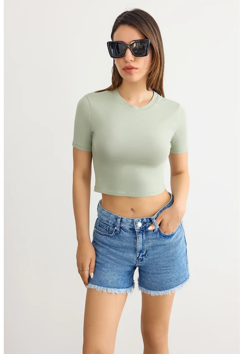 Tricou dama - crop basic - guler rotund - verde - jerseu