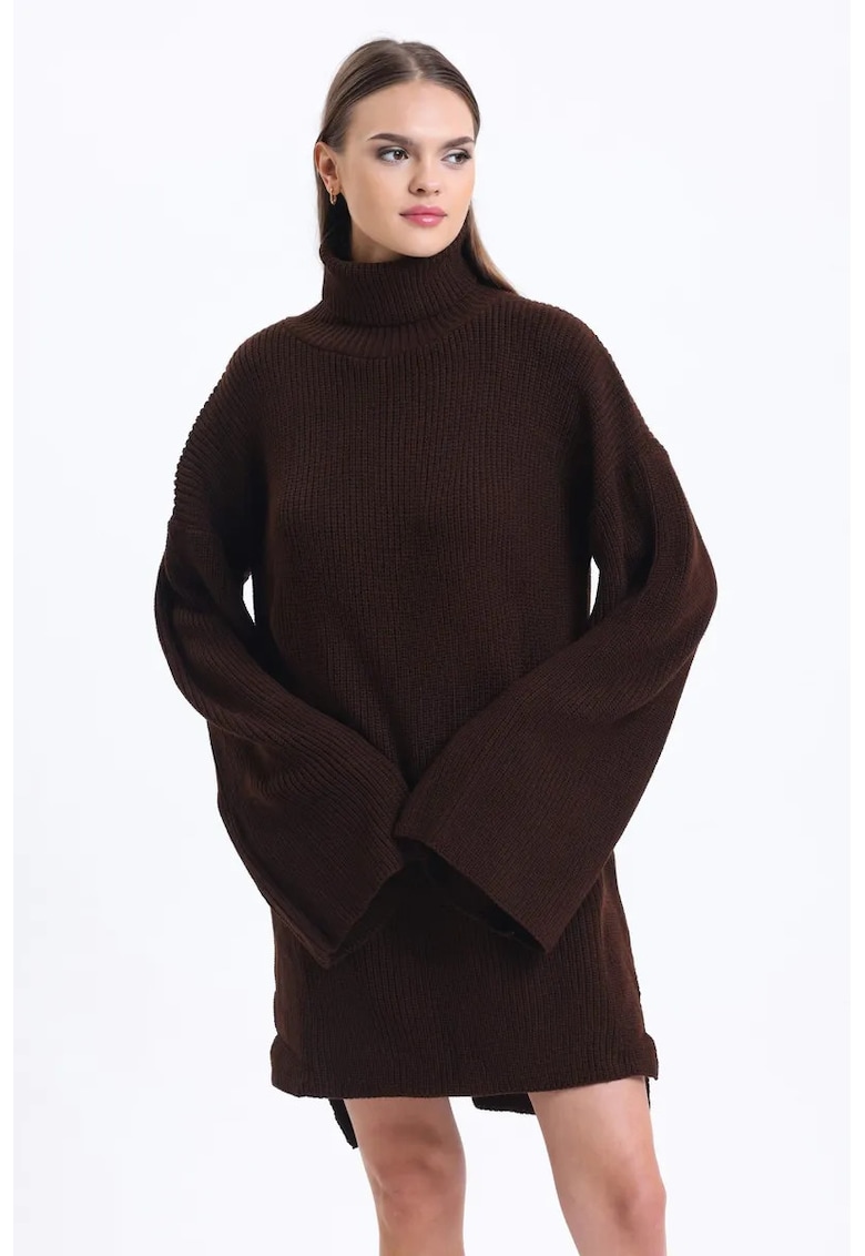Rochie tricotata - mini supradimensionata - guler inalt - maneca lunga - maro - tricot