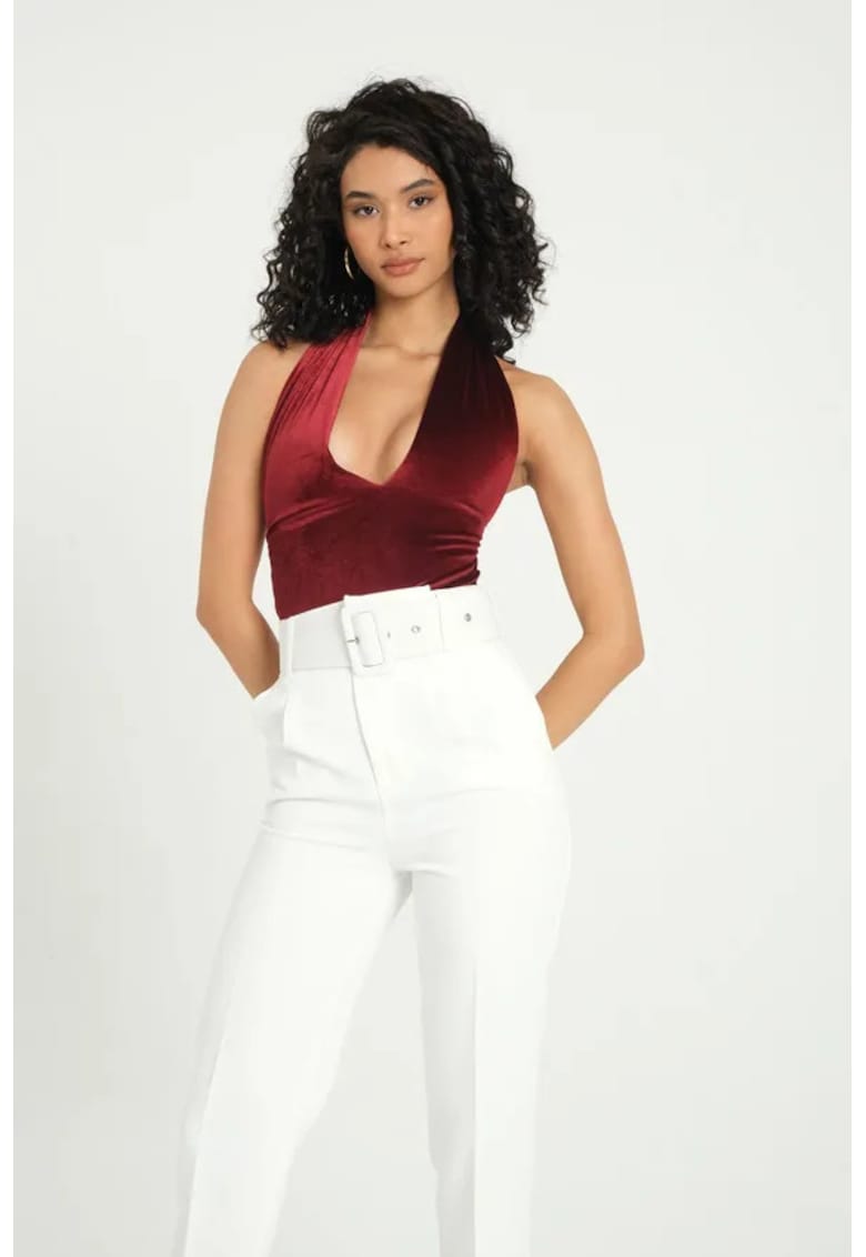 Body din catifea decolteu adanc - spate fara maneci - rosu - textil