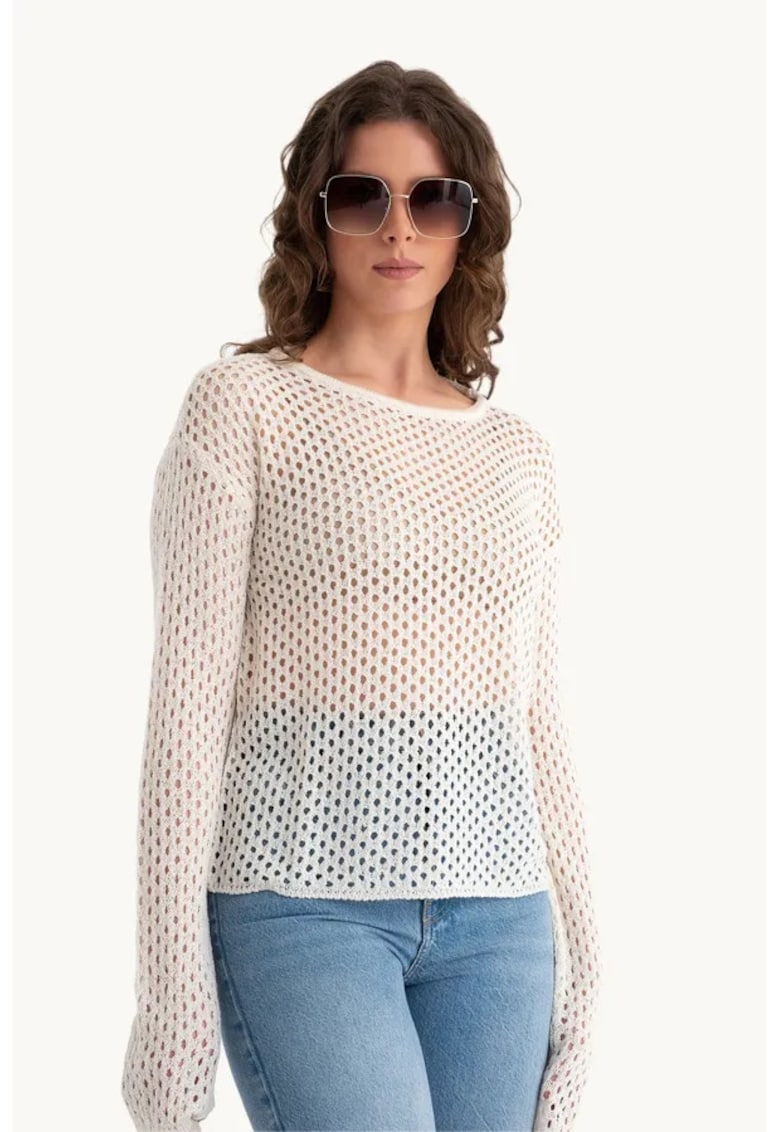 Pulover crosetat guler rotund - tricot - design elegant - Alb -