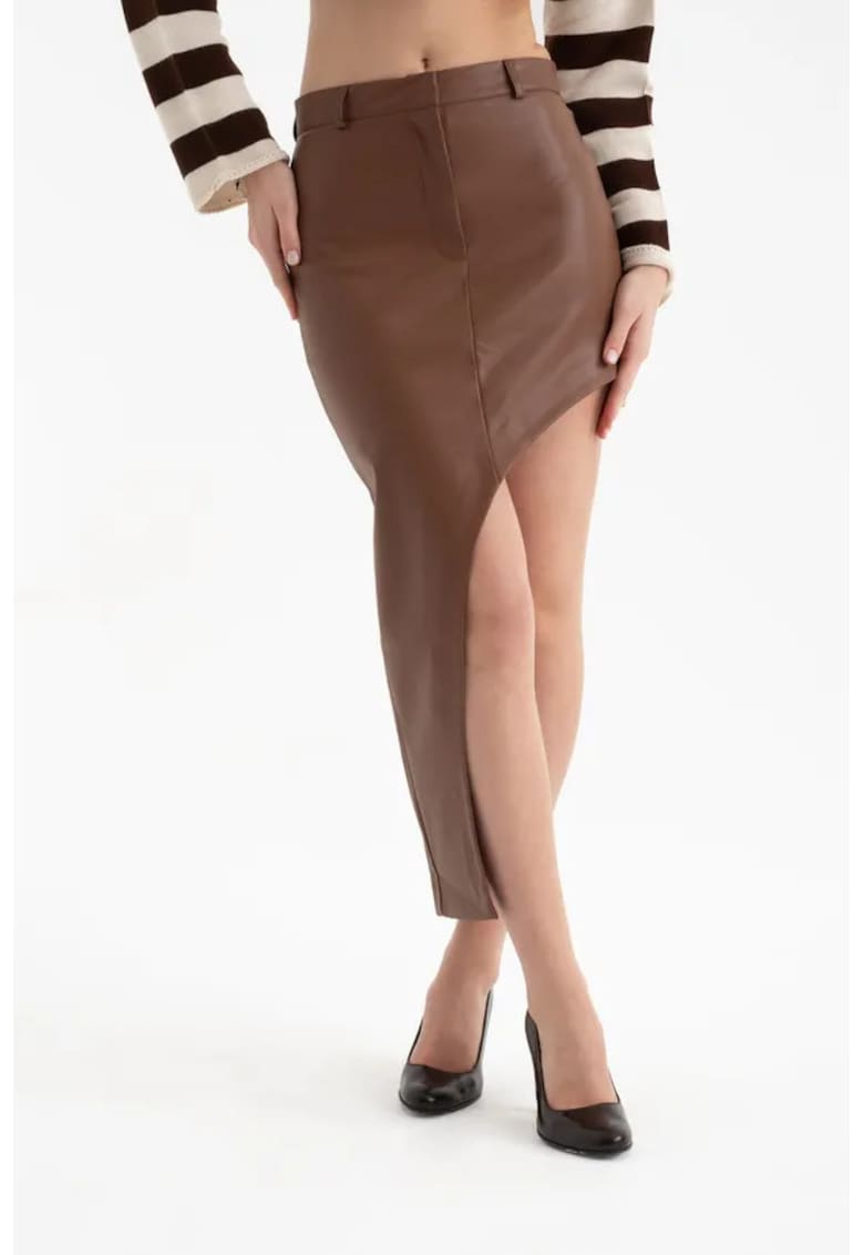 Fusta maxi dama - piele ecologica - talie inalta - maro