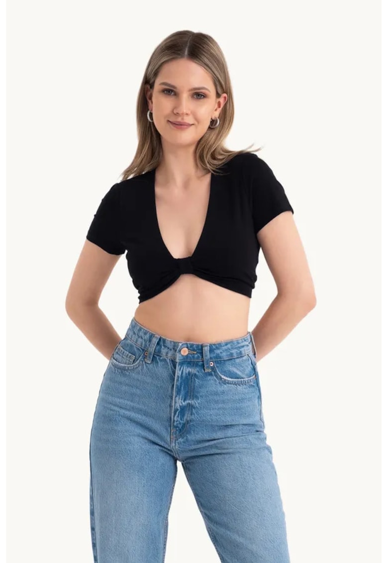 Top scurt - decolteu adanc in V - maneci scurte - negru - textil