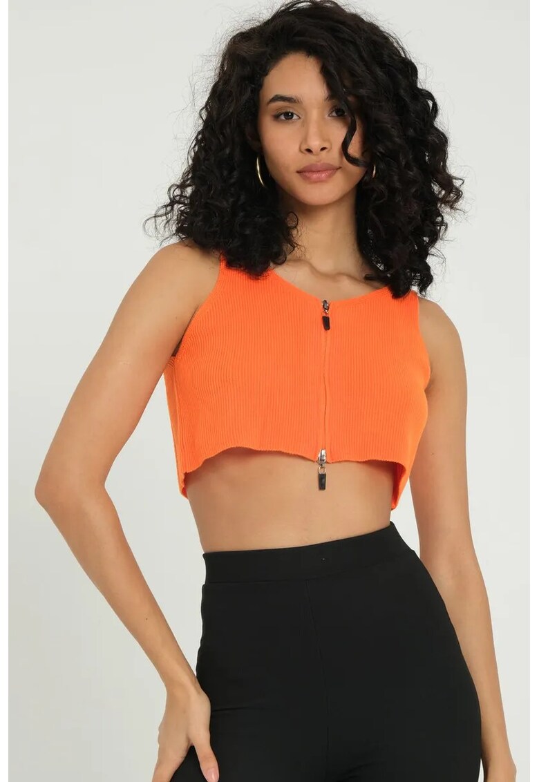 Top Crop tricotat - decolteu in V - fermoar - portocaliu - jerseu -