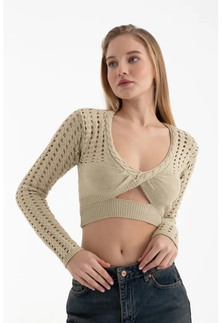 Pulover dama - tricotat - decupat - maneca lunga - natural - jerseu