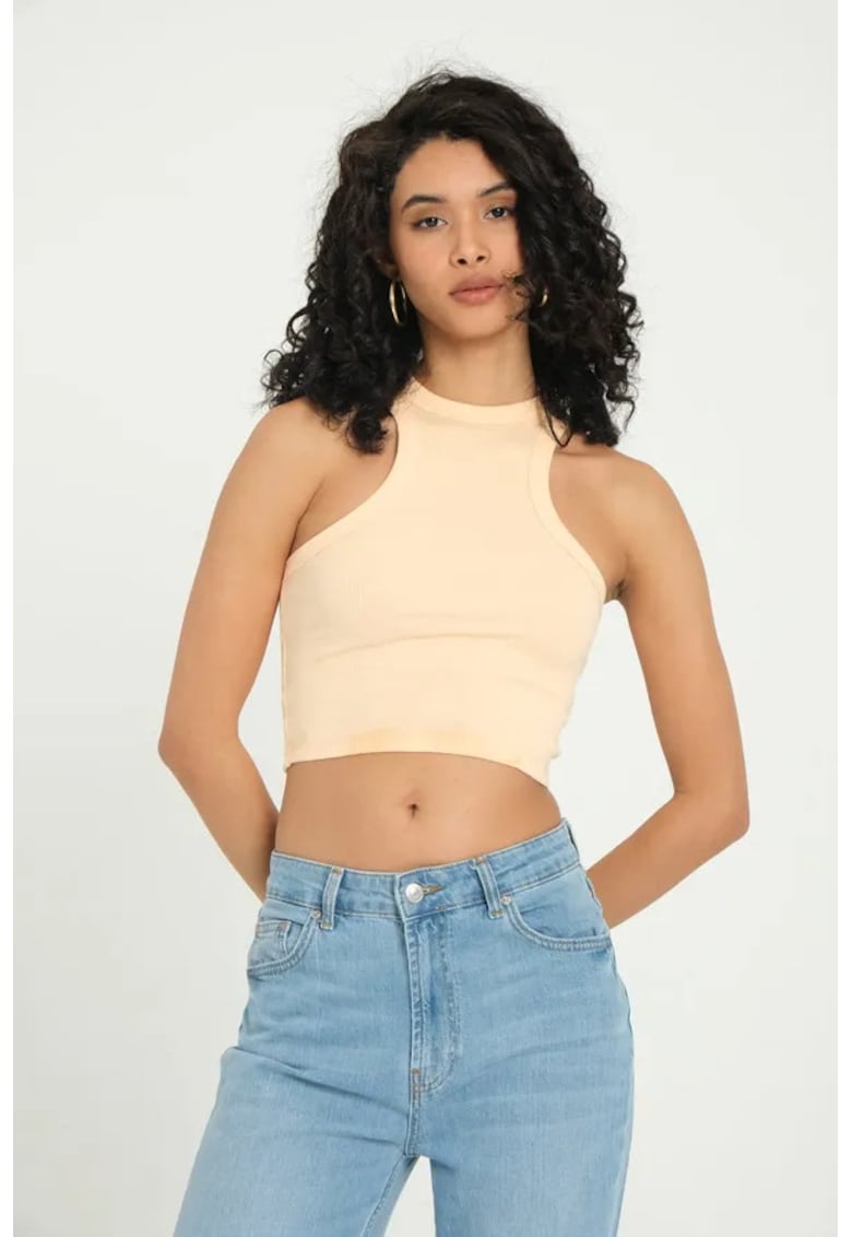 Top scurt - cu decolteu halter - nervuri - portocaliu - textil