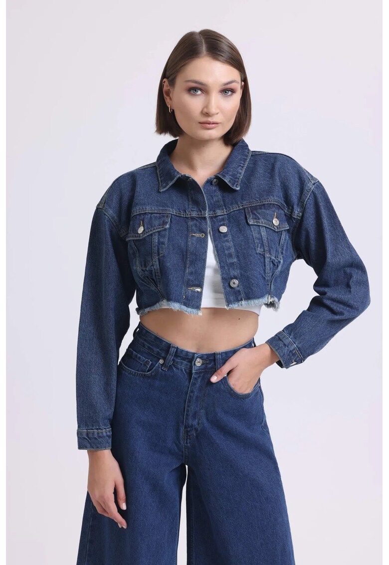 Jacheta crop din denim - cu margini nefinisate