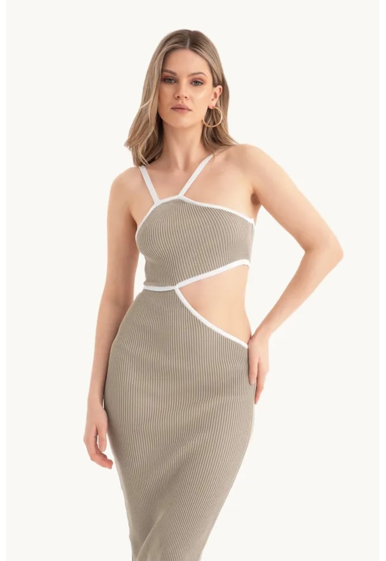 Rochie midi - un umar - decupaj lateral - bej - tricot