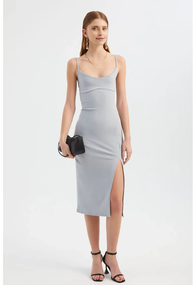 Rochie midi mulata - decolteu rotund - crapatura laterala - gri - jerseu