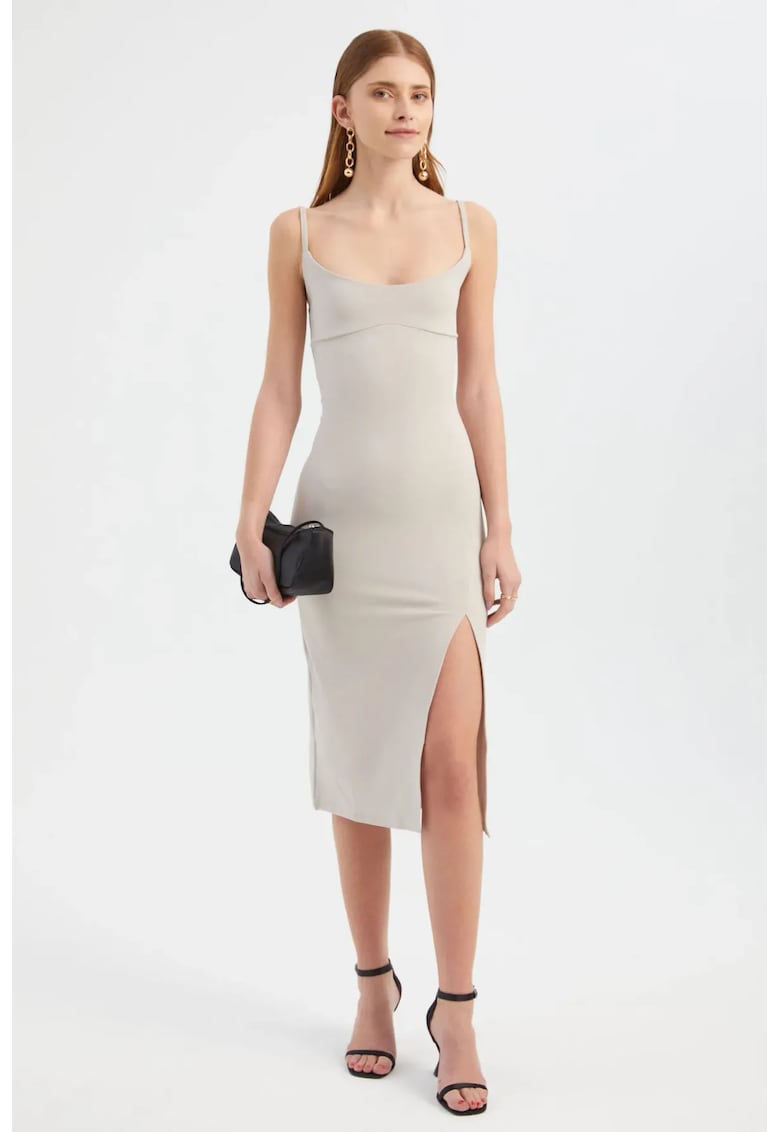 Rochie midi mulata - decolteu rotund - bretele spaghetti - crapatura laterala - bej - jerseu