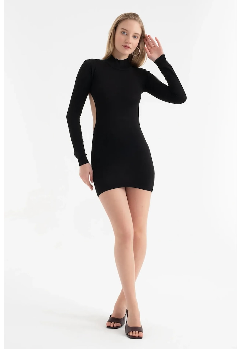 Rochie mini - maneca lunga - decupaj spate - neagra - textil