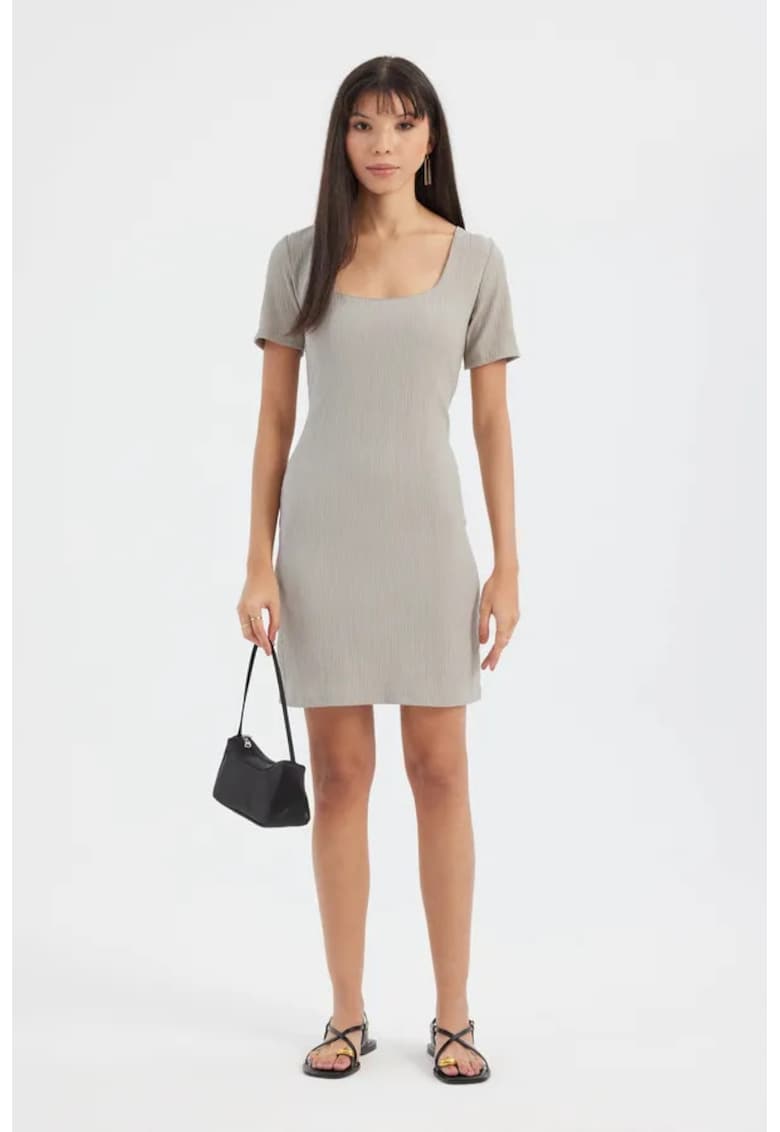 Rochie mini - bodycon - maneca scurta - decolteu patrat - gri - textil